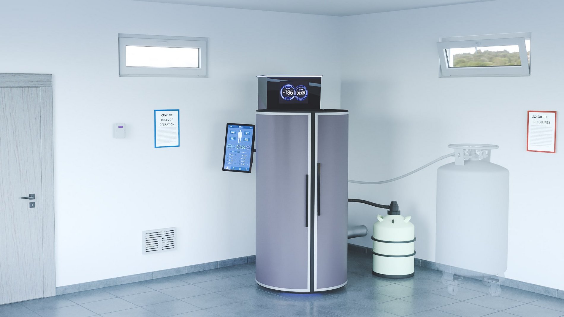 Cryotherapy room setup with non-pressurized dewar system