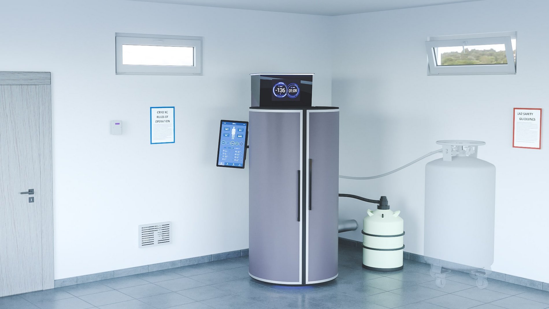 Cryosuana Non Pressurized System Cryotherapy room setup with non-pressurized dewar system