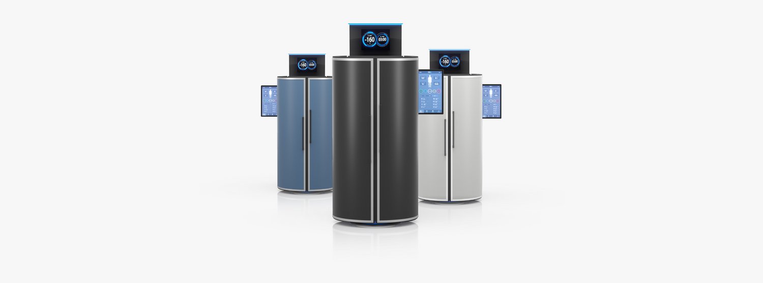 Three cryotherapy chambers standing next to each other
